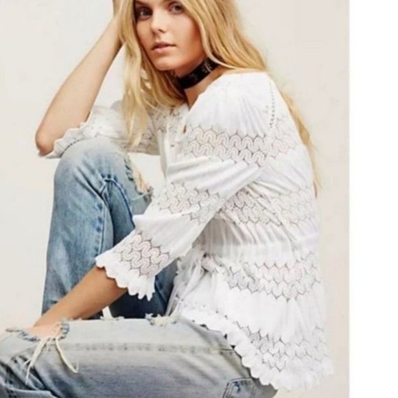 Free People Fire Island White Open Knit Top Size Large - Picture 8 of 8